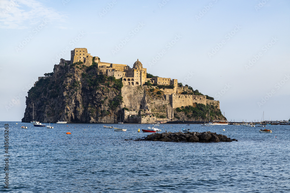 View of Aragonese Castle (Castello Aragonese), the most famous landmark of Ischia, Italy