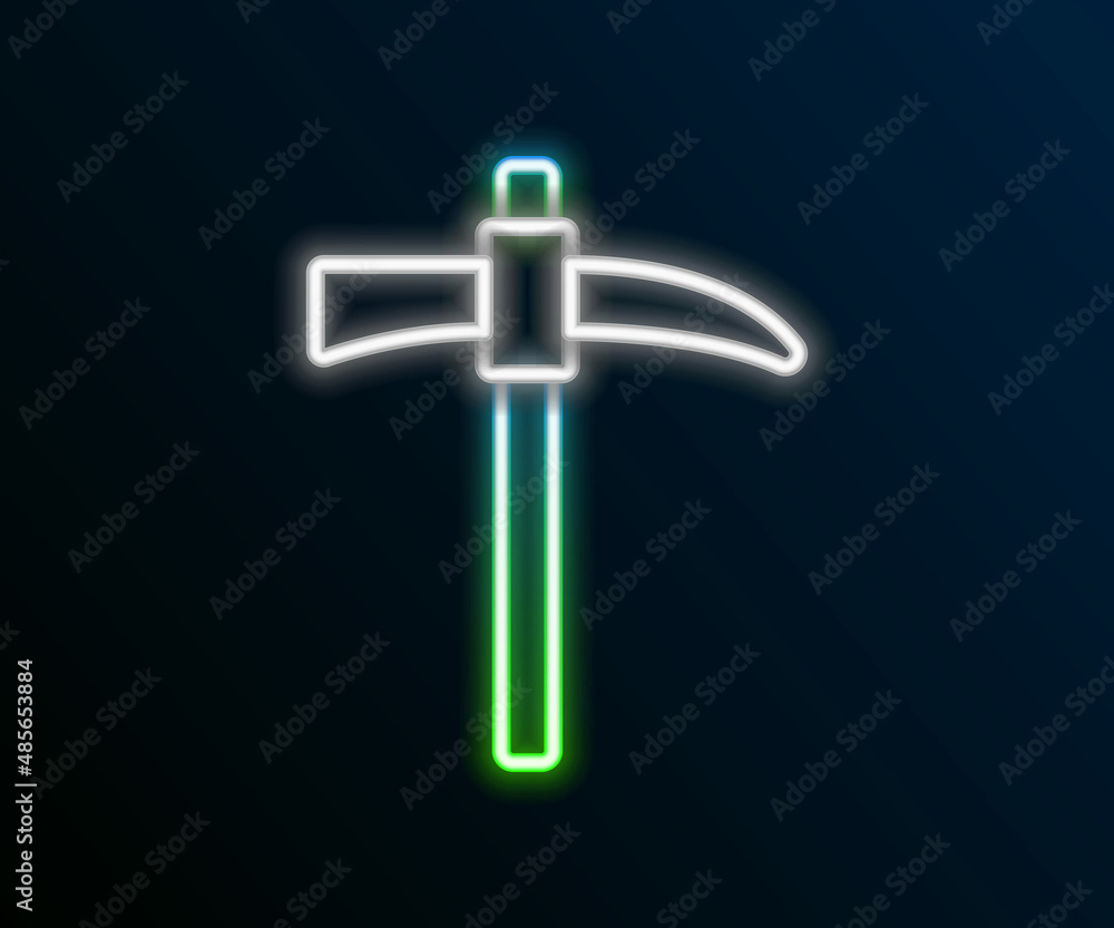 Glowing neon line Pickaxe icon isolated on black background. Colorful outline concept. Vector Glowing neon line Pickaxe icon isolated on black background. Colorful outline concept. Vector