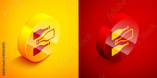Isometric Bottles of wine icon isolated on orange and red background. Circle button. Vector