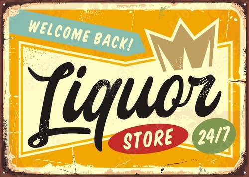 Liquor store retro metal decorative sign design. Vintage poster for drinks and beverages. Vector Americana illustration.