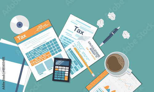 Tax payment concept. State Government taxation, calculation of tax return. Tax form with paper documents, forms, calendar, laptop, calculator. Pay the bills, invoices, payrolls. Vector illustration.