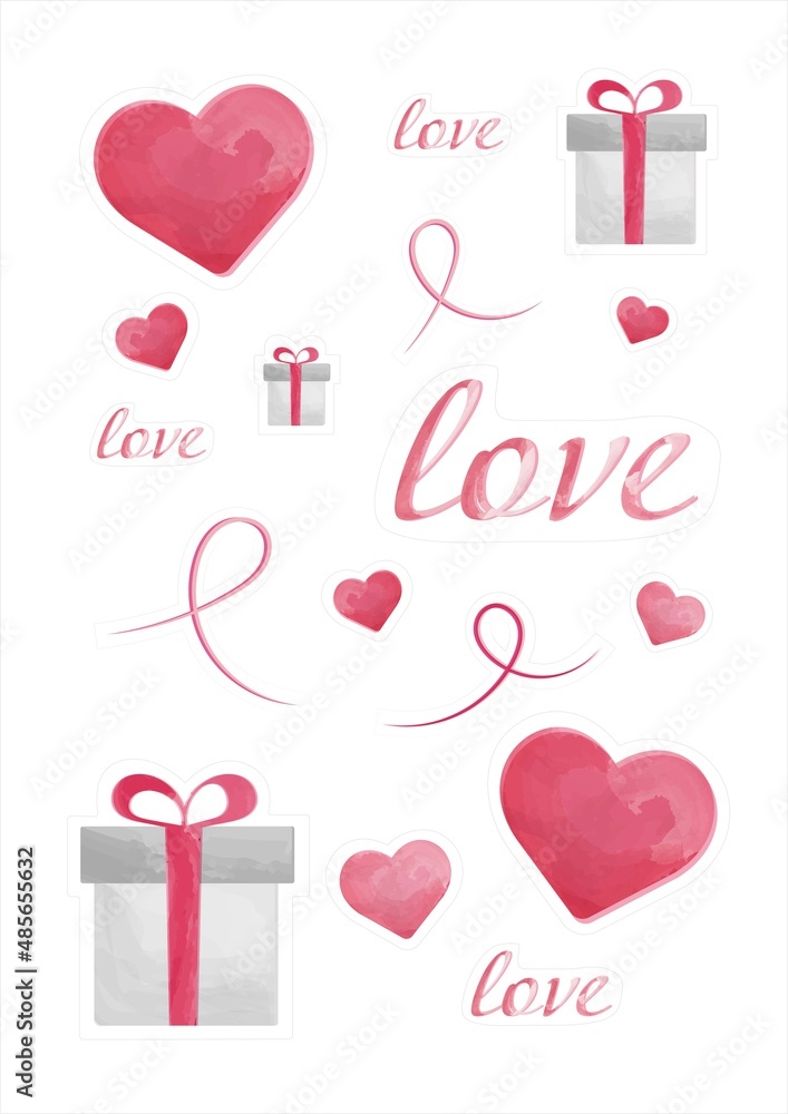 watercolor stickers with heart, love and gift for valentine's day