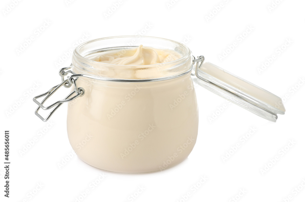 Mayonnaise in glass jar isolated on white Mayonnaise in glass jar isolated on white