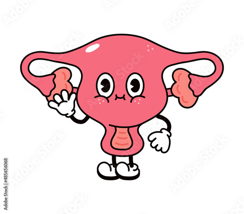 Cute funny uterus waving hand character. Vector hand drawn traditional cartoon vintage, retro, kawaii character illustration icon. Isolated on white background. Uterus character concept
