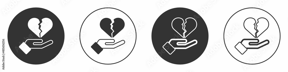 Black Broken heart or divorce icon isolated on white background. Love symbol. Valentines day. Circle button. Vector