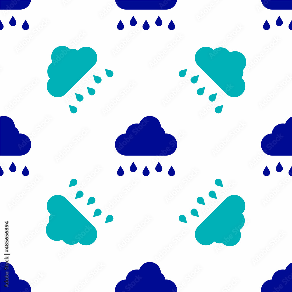 Blue Cloud with rain icon isolated seamless pattern on white background. Rain cloud precipitation with rain drops. Vector Blue Cloud with rain icon isolated seamless pattern on white background. Rain cloud precipitation with rain drops. Vector