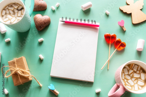 valentine's day gift and blank notepad for text, love letter, congratulation