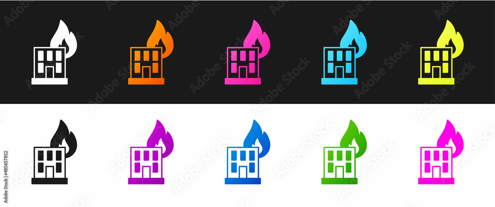 Set Fire in burning building on city street icon isolated on black and white background. Destroyed city on fire. Vector