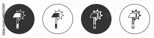 Black Firefighter axe icon isolated on white background. Fire axe. Circle button. Vector