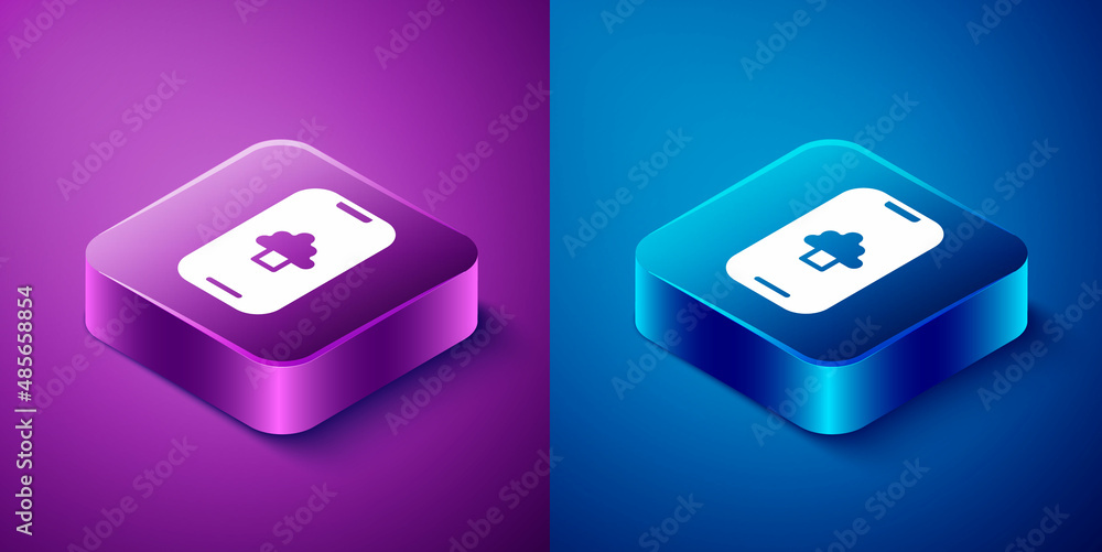 Isometric Cloud technology data transfer and storage icon isolated on blue and purple background. Square button. Vector Isometric Cloud technology data transfer and storage icon isolated on blue and purple background. Square button. Vector