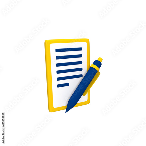 Document and pen icon. 3D rendering. Elements for design.