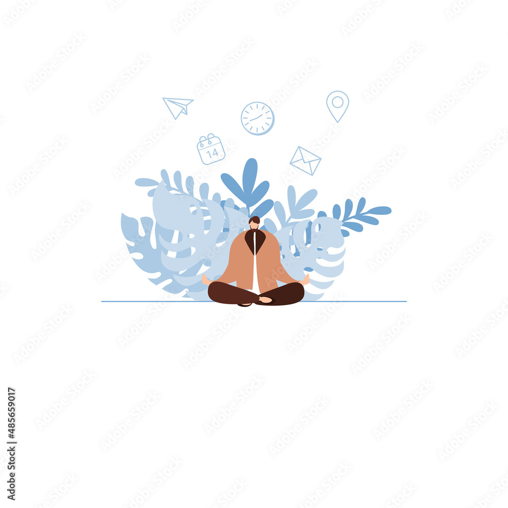 Vector illustration concept business man practicing yoga. Man sits in the lotus position, the thought process, the inception and the search for ideas. Time management. Vector illustration.
