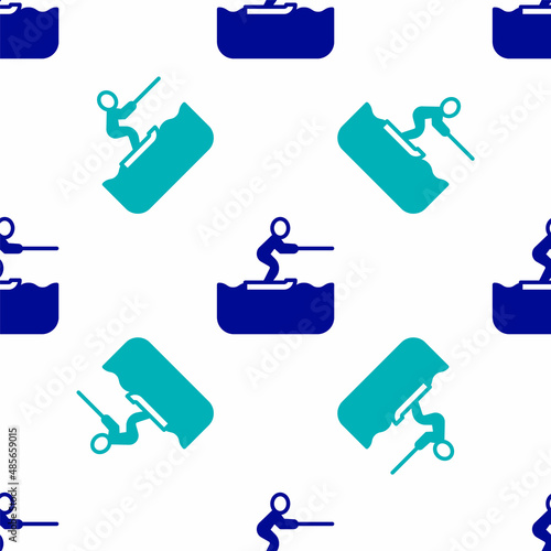 Blue Water skiing man icon isolated seamless pattern on white background. Vector