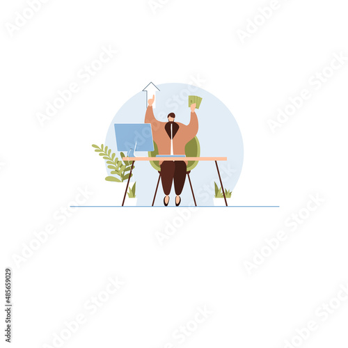 Amazed man, bundle lots of dollars cash money sit work at desk with contemporary pc. Achievement business career concept. Copy space. Vector illustration.