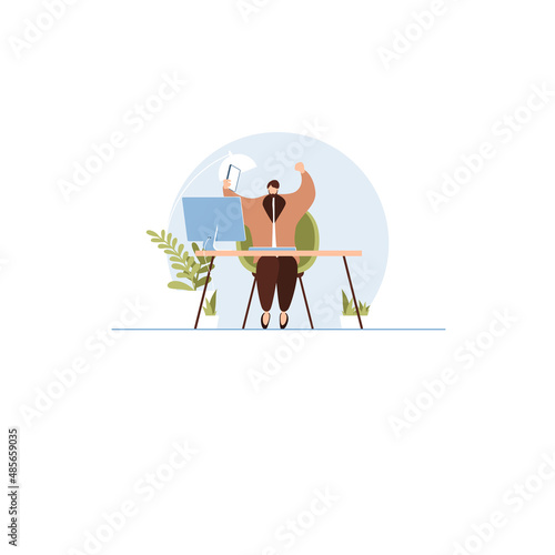 Young successful employee business man sit work at office desk with pc hold mobile cell phone do winner gesture clenched fist. Vector illustration.