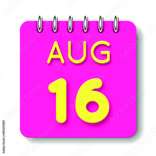 16 day of the month. August. Cute calendar daily icon. Date day week Sunday, Monday, Tuesday, Wednesday, Thursday, Friday, Saturday. Neon yellow. Pink Paper. White background.