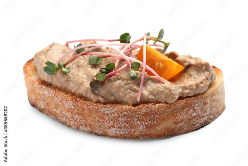Slice of bread with delicious pate, tomato and microgreens isolated on white