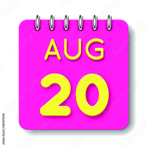 20 day of the month. August. Cute calendar daily icon. Date day week Sunday, Monday, Tuesday, Wednesday, Thursday, Friday, Saturday. Neon yellow. Pink Paper. White background.