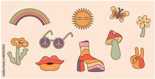 Hippie elements in 60s-80s style.
Psychedelic, comic groovy elements. Vector illustration.