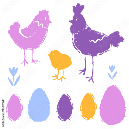Easter set with hens, rooster and chicken. Colorful cute silhouette. Vector illustration.