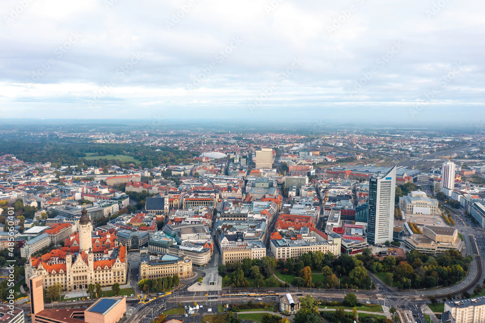Cityscape of Leipzig (Saxony, Germany). Aerial view over beautiful Zentrum city district. 
