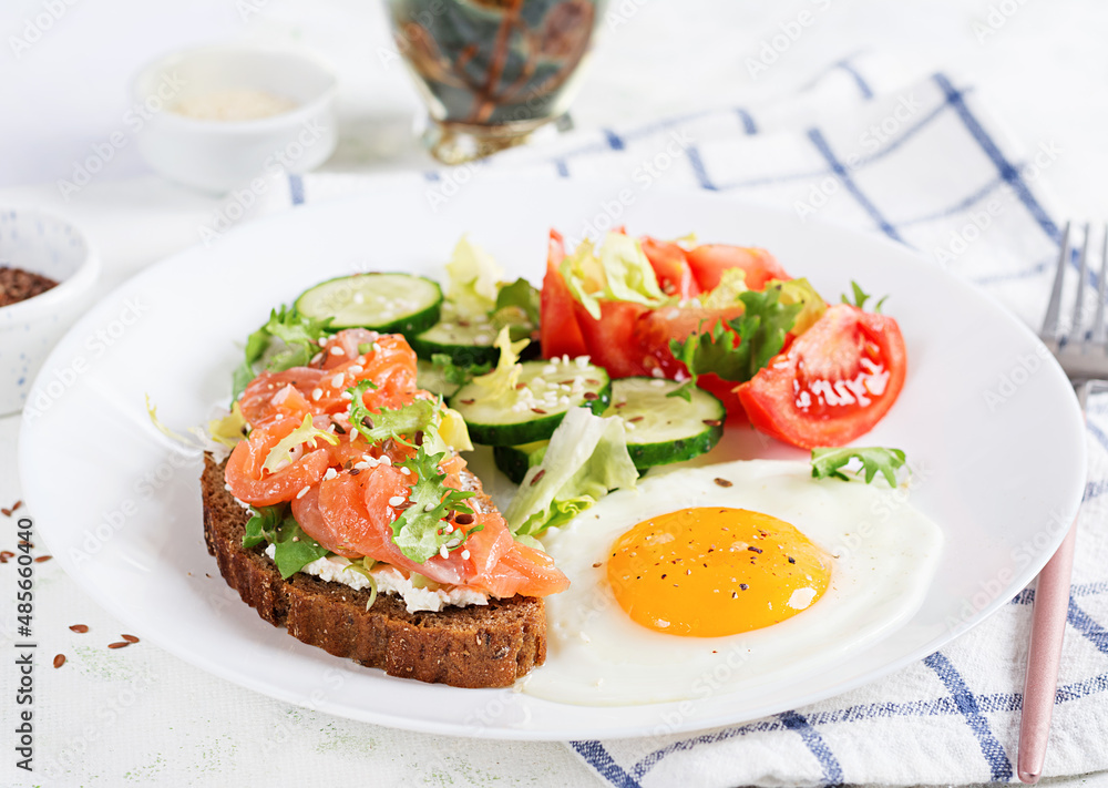 Diet breakfast. Fried eggs and sandwiches with salt salmon and cucumber, tomatoes, lettuce. Diet breakfast. Fried eggs and sandwiches with salt salmon and cucumber, tomatoes, lettuce.