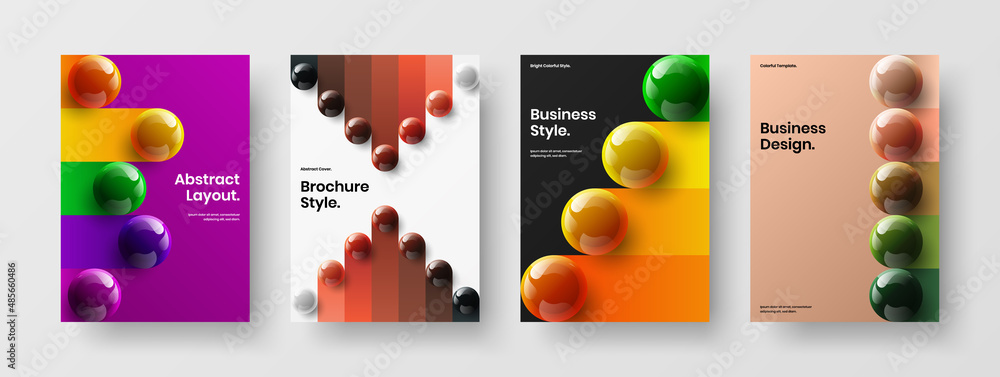 Bright pamphlet A4 design vector layout set. Multicolored realistic spheres placard illustration bundle.