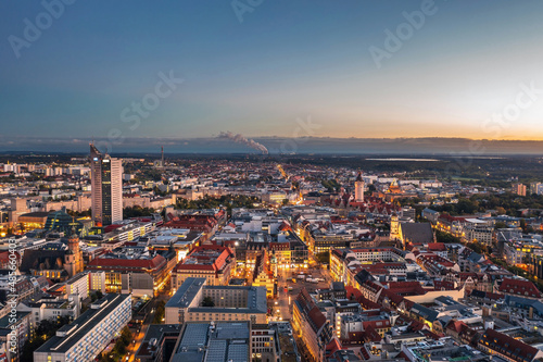 Cityscape of Leipzig  Saxony  Germany . Aerial night view over illuminated Zentrum city district. 