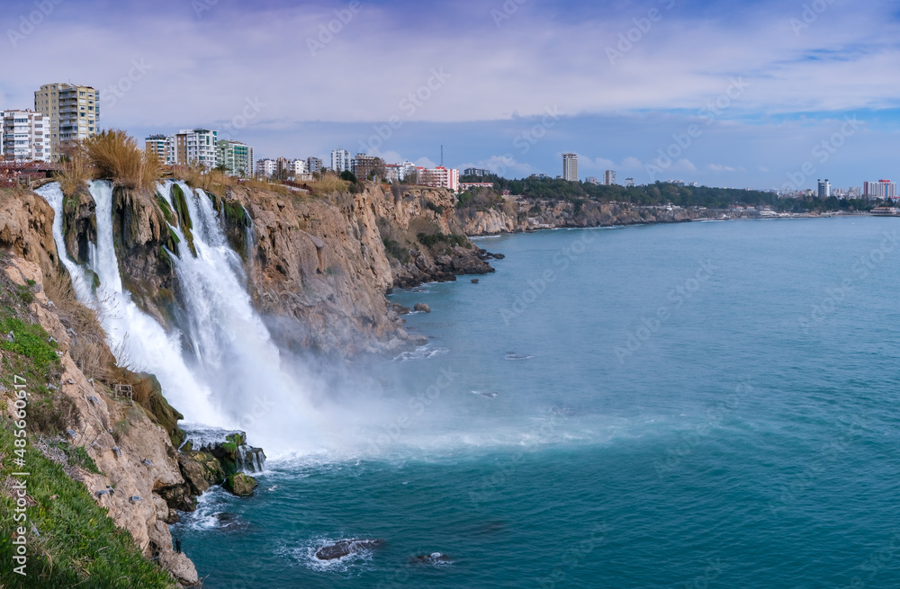 Panoramic View from Karpuzkaldiran, Duden waterfall in Antalya, Turkey, falling into the Mediterranean sea from Cliff Falezler. Panoramic View from Karpuzkaldiran, Duden waterfall in Antalya, Turkey, falling into the Mediterranean sea from Cliff Falezler.