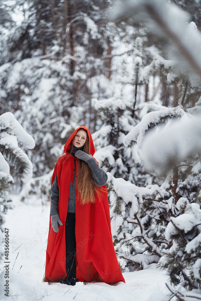 Girl in a red coat in the winter forest. Fairytale heroine. Winter story. Girl in a red coat in the winter forest. Fairytale heroine. Winter story.