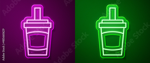 Glowing neon line Paper glass with drinking straw and water icon isolated on purple and green background. Soda drink glass. Fresh cold beverage symbol. Vector