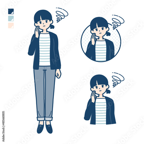 ひとつ結びヘアーの女性が困っているイラスト