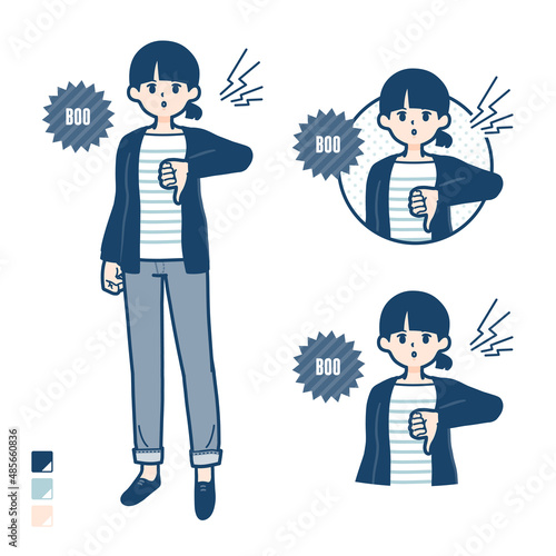 ひとつ結びヘアーの女性が抗議・ブーイングしているイラスト