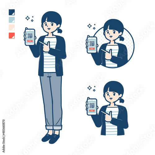 ひとつ結びヘアーの女性がスマートフォンでキャッシュレス決済しているイラスト