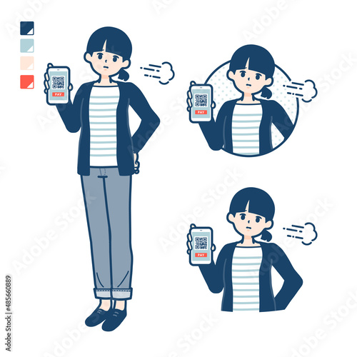 ひとつ結びヘアーの女性が困った顔でスマートフォンでキャッシュレス決済しているイラスト