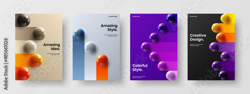 Clean handbill A4 vector design template collection. Trendy 3D balls annual report layout set.