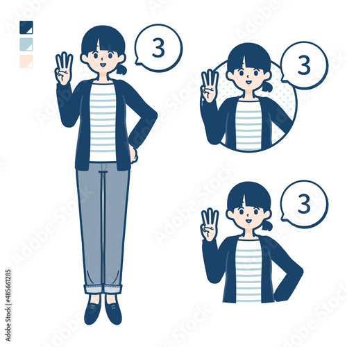 ひとつ結びヘアーの女性が3とカウントしているイラスト
