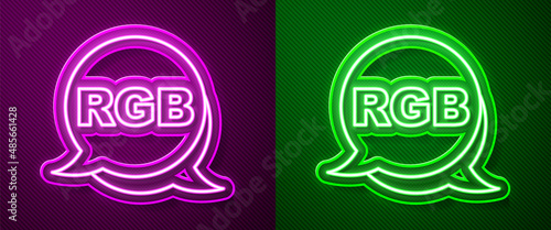 Glowing neon line Speech bubble with RGB and CMYK color mixing icon isolated on purple and green background. Vector