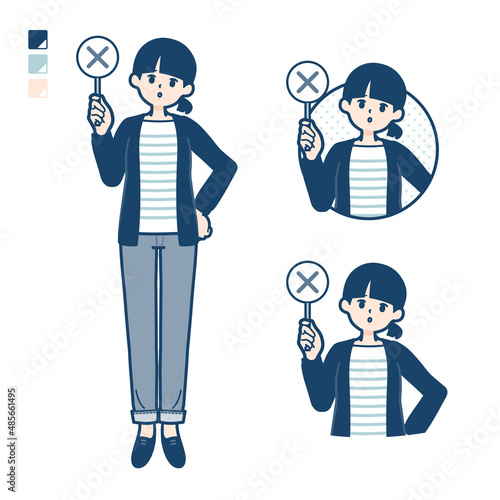 ひとつ結びヘアーの女性がバツ印パネルを出すイラスト