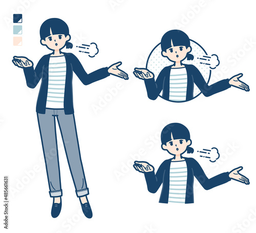 ひとつ結びヘアーの女性が落胆しているイラスト
