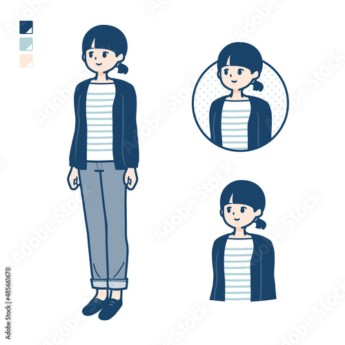 ひとつ結びヘアーの女性が横を見ているイラスト