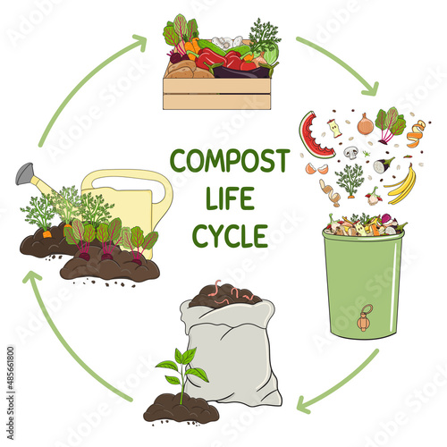 Compost life circle infographic. Composting process. Schema of recycling organic waste from collecting kitchen scraps to use compost for farming. Zero waste. Hand drawn vector illustration.