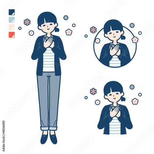 ひとつ結びヘアーの女性が安らいでいるイラスト