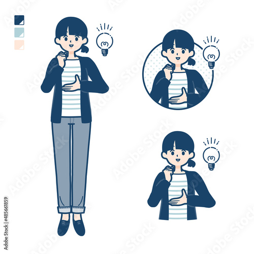 ひとつ結びヘアーの女性がアイデアを閃いたイラスト