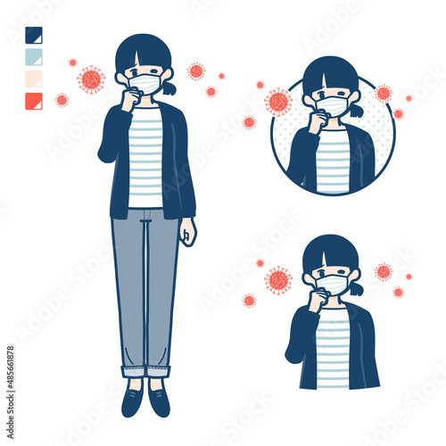 ひとつ結びヘアーの女性がマスクをつけてせきこんでいるイラスト