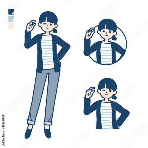 ひとつ結びヘアーの女性がちょっとだけのハンドサインをしているイラスト