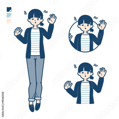 ひとつ結びヘアーの女性があわてているイラスト