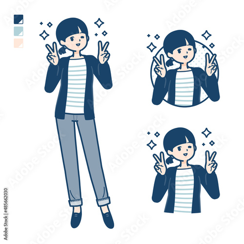 ひとつ結びヘアーの女性がピースサインをしているイラスト