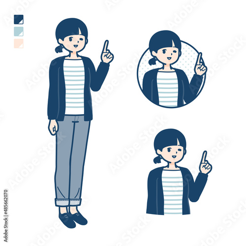 ひとつ結びヘアーの女性が指差ししているイラスト