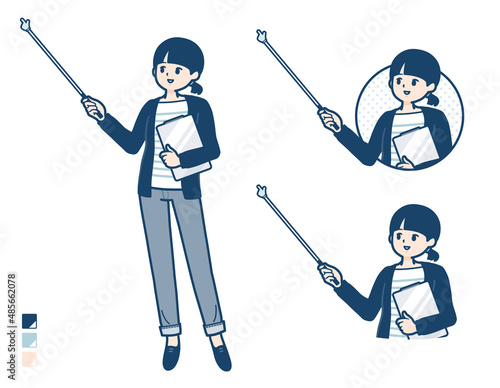 ひとつ結びヘアーの女性が指示棒で解説しているイラスト